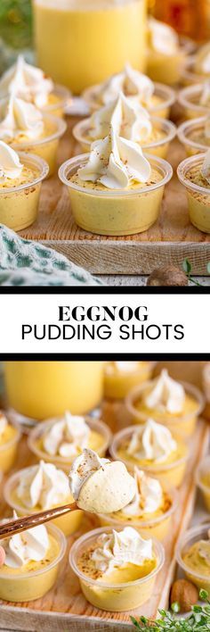 Two image collage of eggnog pudding shots. First image is the shots on a wooden surface. Second image is the pudding on a spoon. Eggnog Pudding Shots, Eggnog Pudding, How To Make Eggnog, Easter Foods, Cinnamon Whiskey, Easy Puddings, Fireball Whiskey