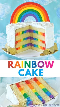 a rainbow cake on a white plate with the words rainbow cake in front of it