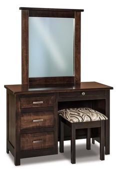 a wooden vanity with mirror, stool and zebra print seat cushion on the bottom shelf