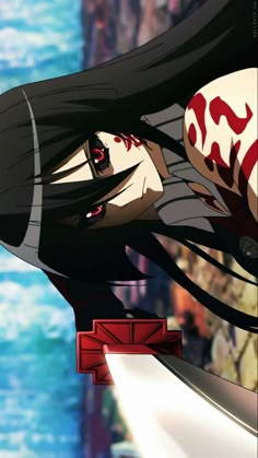 an anime character with long black hair and red eyes