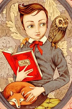 an illustration of a boy holding a book with an owl sitting on his shoulder and reading it