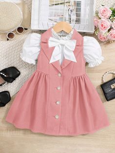 Pink Cute Collar   Colorblock  Embellished Slight Stretch  Young Girls Clothing Dress Two Pieces, Weave Dress, Kids Designer Dresses, Bubble Sleeve, Baby Design, Woven Dress, Casual Shirt