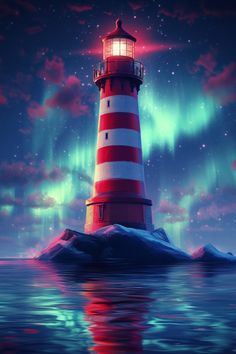 a red and white light house sitting on top of an ice floet in the ocean