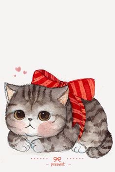 a watercolor drawing of a cat with a red bow on its head and eyes