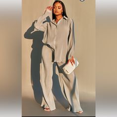 Brand New Set From Pretty Little Thing. Size 6. Large Fit. High Waisted Wide Leg Pants, Looks Street Style, Co Ords, Matching Shirts, Outfits Casuales, Modest Outfits, Oversized Shirt, Wide Leg Trousers, Look Fashion