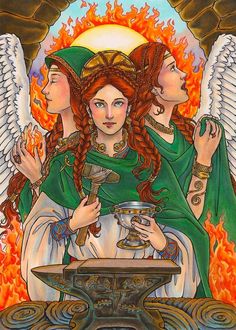 an image of three angels with wings around them, one holding a cup and the other holding