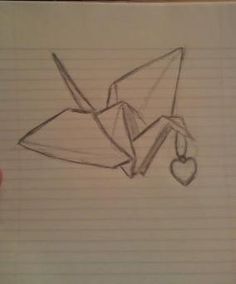 a drawing of an origami bird with a heart hanging from it's tail