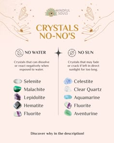 Some crystals don’t play well with water or sunlight! ❌️  Protect your precious stones by keeping them away from potential damage. Here are some key reminders:  💧 No Water: Crystals like Selenite, Malachite, and Fluorite can dissolve or react negatively when exposed to water. ☀️ No Sun: Stones like Celestite, Clear Quartz, and Aquamarine may fade or crack if left in direct sunlight for too long.  Is there a crystal you think is missing from this list?  🤔 Let us know in the comments! Crystals For Wisdom, Conflicting Crystals, Nordic Witchcraft, Crystals For Beauty, Crystals And Stones For Beginners, Water Crystals, Crystals Meanings, Best Healing Crystals