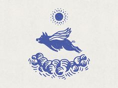 a blue and white drawing of a dog flying over waves with the sun in the background