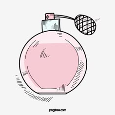 a drawing of a pink perfume bottle with a black and white ball hanging from the top