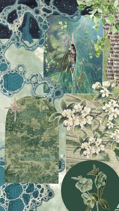 an artistic collage with flowers, leaves and other things in the middle of it