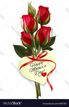 happy mother's day card with red roses and heart shaped paper sign on white background