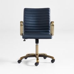 a blue office chair with gold accents on the armrests and casteor wheels