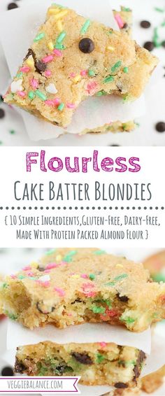 flourless cake batter blondies with sprinkles and chocolate chips on top