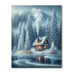 a painting of a cabin in the middle of a snowy forest with trees and water