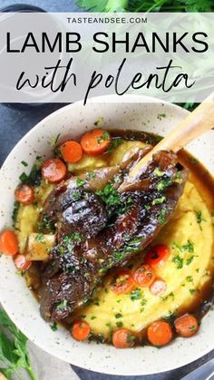 lamb shanks with polenta mashed potatoes and carrots in a white bowl