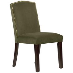 a green upholstered dining chair with studded trimmings on the back