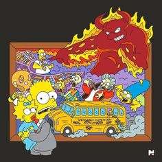 the simpsons characters are in front of a school bus with fire coming out of it