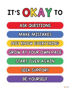 it's okay to ask questions poster with colorful text on the bottom and bottom