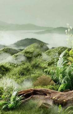 a digital painting of green plants and rocks in the grass with mountains in the background