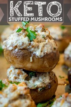 stuffed mushrooms are stacked on top of each other with the words keto in the middle