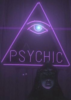 a black and white photo of a neon sign with an eye in the center that says psychic