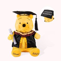 a teddy bear wearing a graduation cap and gown with a diploma on it's head