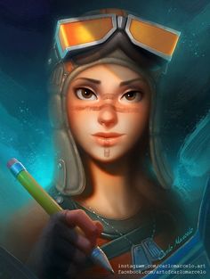 a digital painting of a girl with goggles on her head and holding a pencil