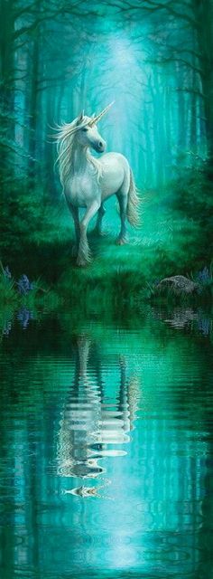 a painting of a white unicorn standing in the middle of a forest next to a lake