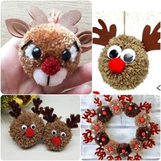 four different pictures of christmas decorations including a stuffed reindeer, and a handmade ornament