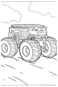 the monster truck is going down the road coloring pages for kids to print and color