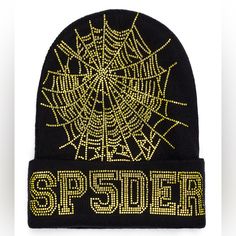 Spider Worldwide Black & Yellow Rhinestone Web Beanie 100% Acrylic Rhinestone Sp5der Design Hand Wash In Cold Water/Air Dry Beanies Streetwear, Web Beanie, Georgia Bulldogs Hat, Trapper Hat Men, White Baseball Hat, Spider Worldwide, American Logo, Trophy Collection, Carhartt Hat