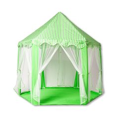 a green and white tent with mosquito netting