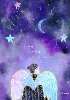 an angel sitting on top of a purple and blue background with stars in the sky