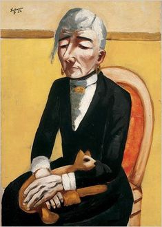 an old woman sitting in a chair holding a cat and wearing a black suit with white collar