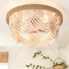 a white chandelier hanging from the ceiling in a room with plants and potted plants