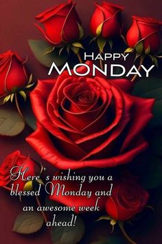 a red rose with green leaves and the words, happy monday here's wishing you a blessed monday and an awesome week ahead