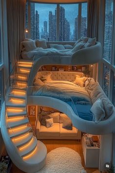 a bedroom with a spiral staircase leading up to the top floor and bed below it