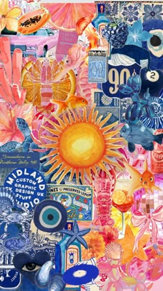 a collage of various items and colors in the shape of a sun, flowers, and other things