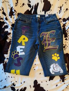 Description: Showcase your homecoming spirit with a pair of custom homecoming jeans! Jeans must be provided. After purchase, email me with your desired project details (school colors, words, fonts if any, etc.) and order number. Material: HTV Size: custom Shipping & Returns: Custom item: 14 day processing time. Because of the custom nature of this item, I do not accept returns. If you have an issue with your received product, please reach out to me. Homecoming Jeans, Homecoming Spirit, School Colors, Custom Items, Homecoming, Color, Nature