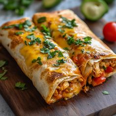 two burritos on a wooden cutting board with tomatoes and cilantro in the background