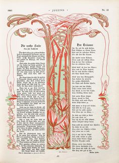 an open book with red and green designs on the pages, including leaves and flowers