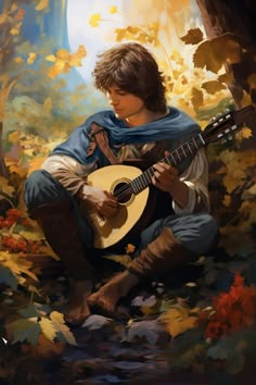 a painting of a young man sitting in the woods playing a guitar and looking down