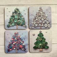 four coasters decorated with buttons and christmas trees