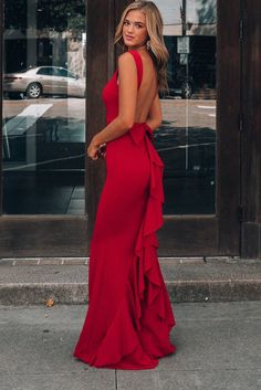 Red Bow Knot Ruffled Backless Sleeveless Gown – Fashionsarah.com Sleepwear Dress, Sleeveless Gown, High Waist Dress, Bow Knot, Wholesale Dress, Dresses By Length, Red Bow, Crepe Fabric, Dress With Bow