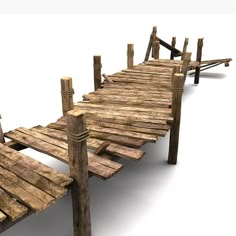 an old wooden bridge made out of wood planks and poles, with no people on it