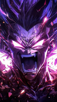 an anime character with his mouth open and glowing purple lights behind him, as if he is