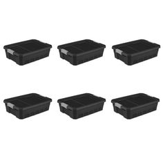 six black plastic storage containers with lids