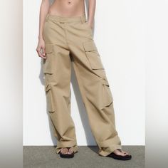 -Taupe Brown -Unworn -New With Tags Beige Wide Leg Summer Pants With Cargo Pockets, Summer Beige Wide Leg Pants With Cargo Pockets, Zara Relaxed Fit Cargo Trousers, Summer Beige Wide Leg Cargo Pants, Beige Cargo Pants With Pockets For Spring, Beige Cargo Bottoms With Long Pants, Beige Wide Leg Pants With Cargo Pockets For Spring, Beige Long Pants With Cargo Pockets, Brown Straight Leg Parachute Pants For Spring