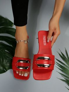 Red  Collar     Embellished   Women Shoes Summer Party Slides With Flat Heel, Flat Heel Slides For Summer Parties, Casual Summer Party Slides, Casual Party Slides For Summer, Casual Slides For Summer Parties, Summer Party Slide Sandals, Slide Flip Flops For Beach Season, Summer Slide Flip Flops, Red Summer Slides